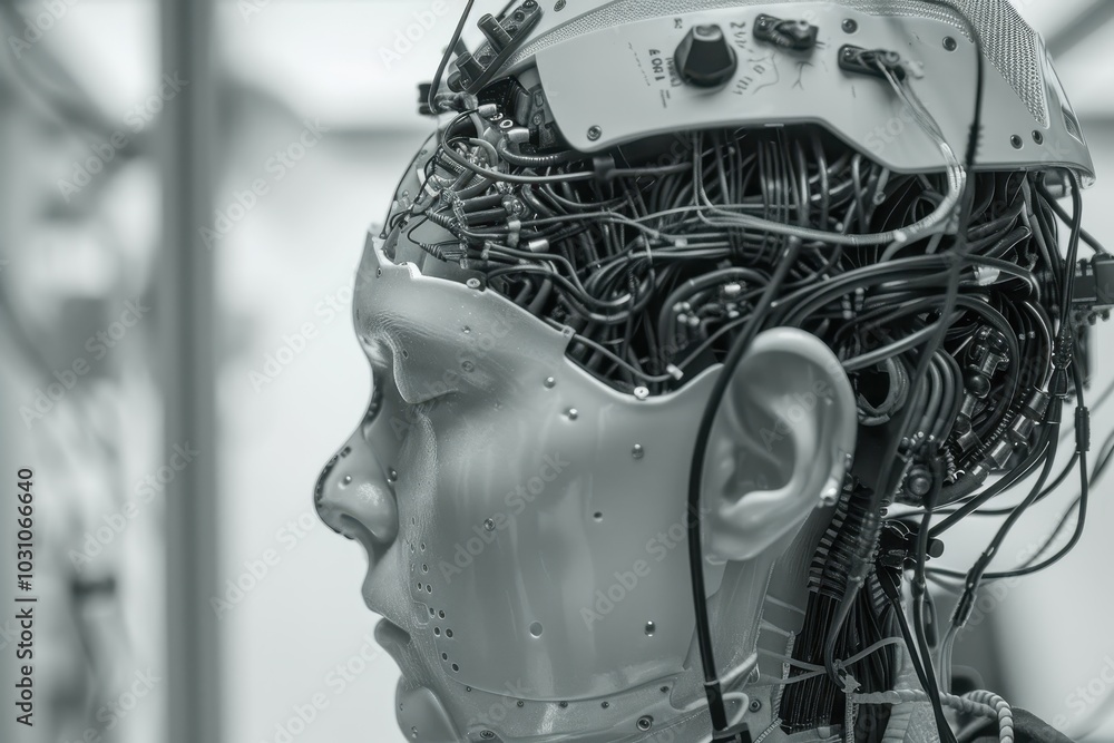 Leinwandbilder A close-up view of a humanoid robot's head with intricate wiring and electronic components displayed at a technology expo in the heart of the city during the evening hours