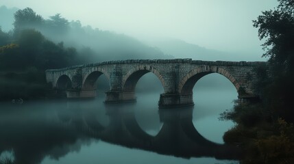 Fototapeta premium Roman bridge arches shrouded in early fog with dewy stones and soft light adding a mystical feel