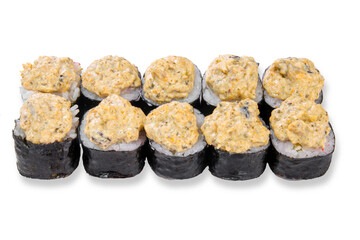 baked sushi rolls on a white background