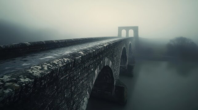 Roman bridge arches appear through early morning fog with soft light creating a moody atmosphere