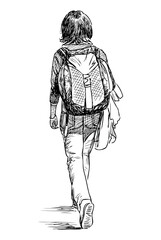 Sketch of casual teenager student with backpack walking away on summer day, realistic hand drawing, vector illustration isolated on white