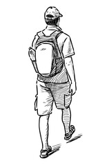 Sketch of casual tourist man in hat with backpack walking away on summer day, realistic hand drawing, vector illustration isolated on white