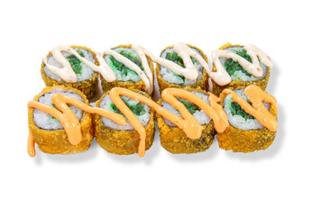 fried sushi rolls on a white background