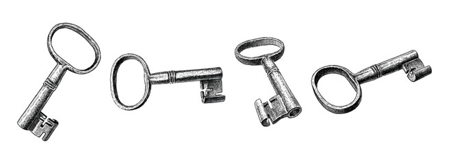 Sketches of obsolete rusty keys set, realistic  hand drawn vector illustration isolated on white
