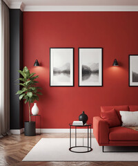 Empty close-up photo frames on the living room velvet red colour wall, an interior design illustration mockup template, and an empty poster frames mock-up template.