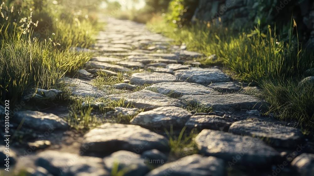 Wall mural Close-up of Roman road edge smooth stones meeting grassy landscape bright sunlight enhancing details