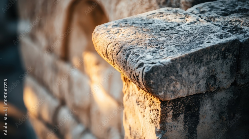 Poster Keystone in a Roman bridge arch chisel marks visible stones tightly fitted and lit by bright daylight