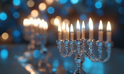 Fototapeta premium Hanukkah Festival of Lights on December 7th: Menorah Lighting, Dreidel Games, and Family Gatherings Discover the beauty of Hanukkah traditions, the lighting of the menorah,