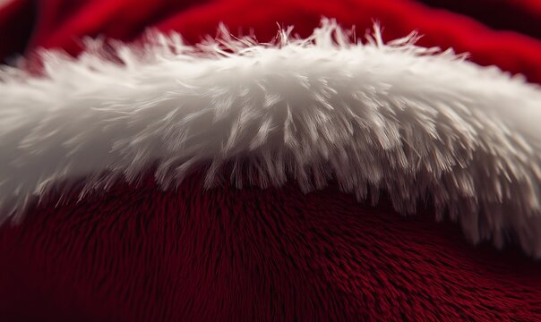 Texture of a plush Santa hat, with soft red velvet and fluffy white trim capturing the festive spirit