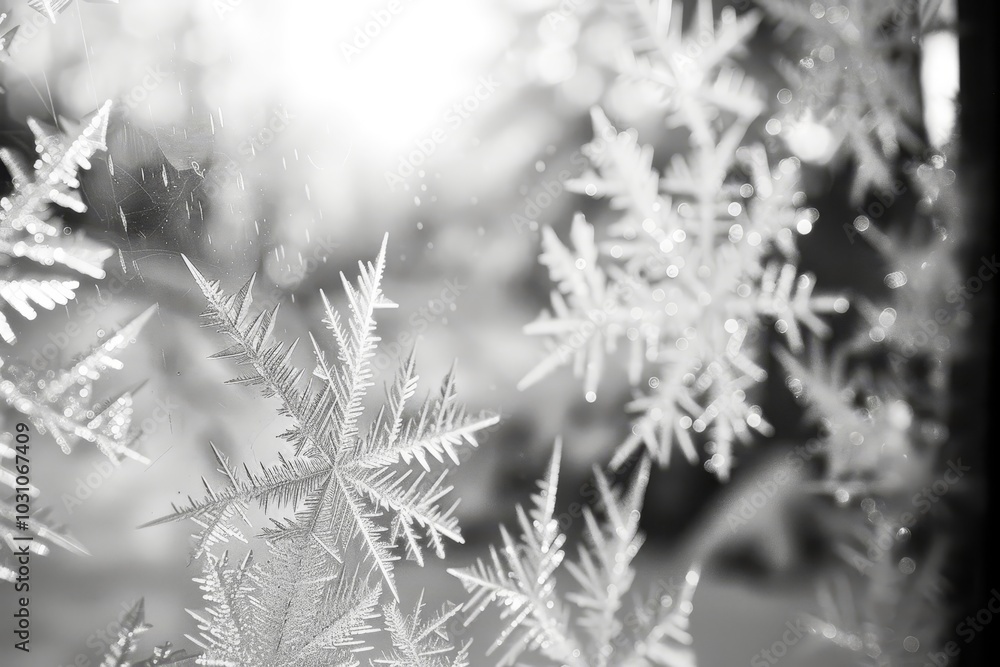 Poster frost patterns adorn a windowpane as sunlight filters through during a chilly winter morning, creati