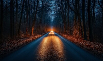 Fototapeta premium Illuminated empty road amidst bare trees in forest at night