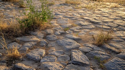 Obraz premium Roman road stones meet natural landscape plants growing along edges soft light highlighting contrast
