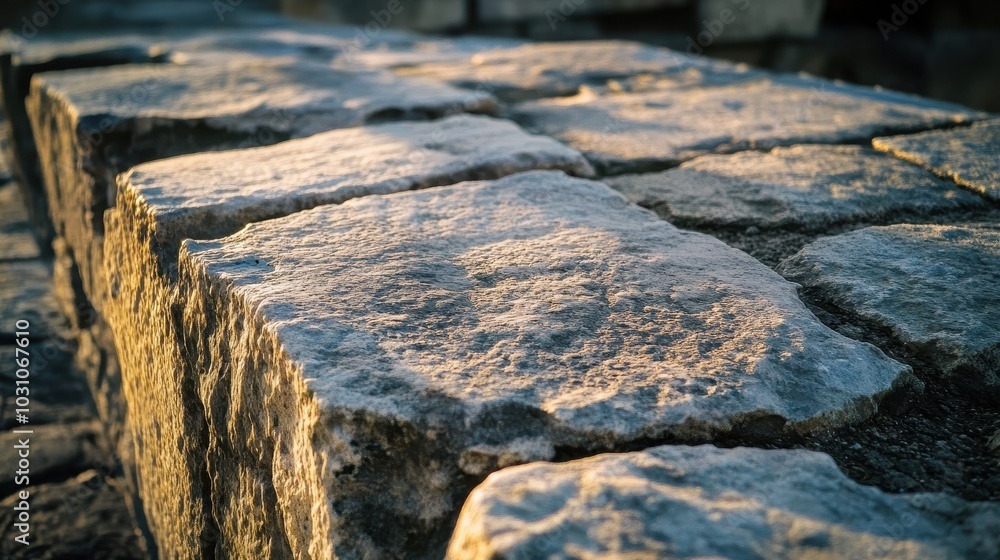 Poster Rough stone blocks of Roman bridge support arch cracked and weathered soft light showing craftsmanship