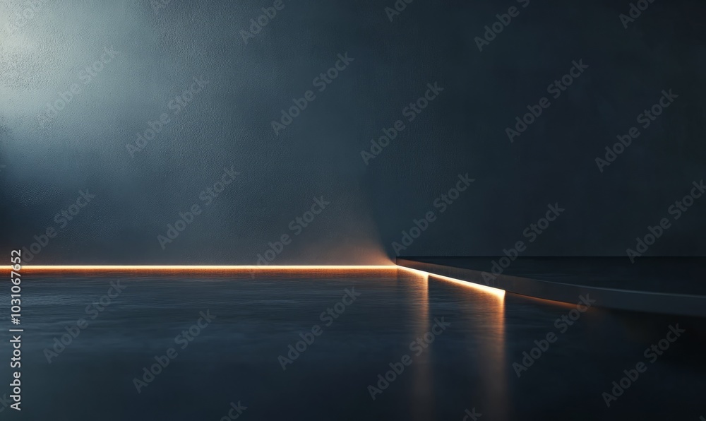 Poster minimalist abstract composition of a single line of light on a dark surface, with sharp contrasts an