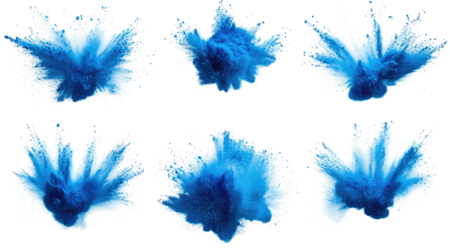 Collection of Blue Powder Explosions Isolated on a White Background Generative AI
