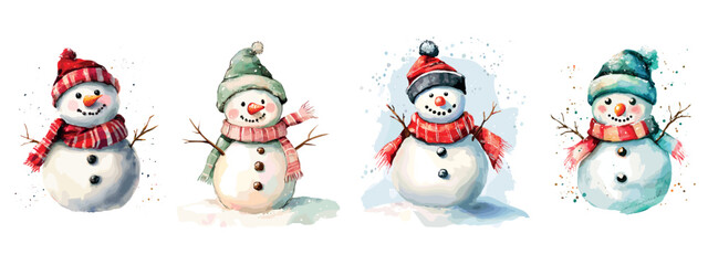 Watercolor snowmen. Cute snowman in winter hat and warm red scarf foulard, smiling snow man with tree branches hands merry christmas new year painting art set vector illustration