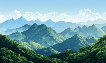 Fototapeta premium Mountainous ridges with green terrains and blue sky