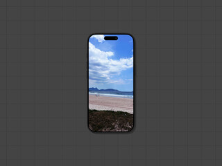 Modelo de iphone 16 com fundo de tela de praia paisagem litorânea