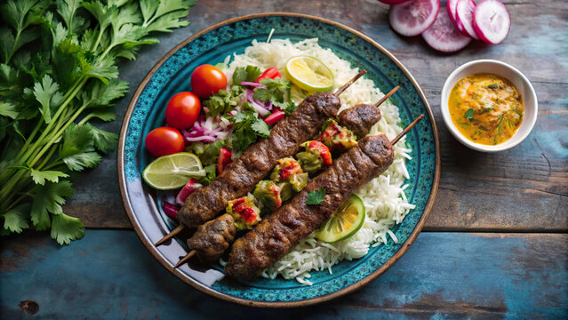 Savory lamb koobideh served with fresh vegetables, lime, and flavorful sauce on a wooden table