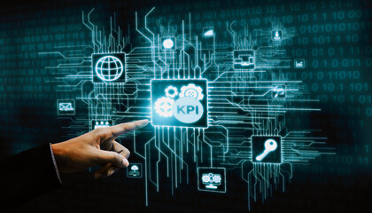 KPI Key Performance Indicator for Business Concept - Modern graphic interface showing symbols of job target evaluation and analytical numbers for marketing KPI management.