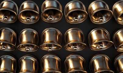 Symmetrical arrangement of Christmas bells in a grid pattern, with each bell perfectly aligned and polished