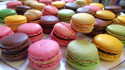 Colorful assortment of macarons served on a white plate during a dessert gathering