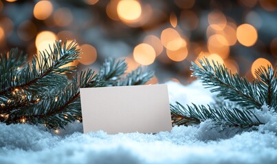 Winter mockup of a blank business card placed on a snow-covered branch, with pine needles and a warm winter glow in the background, perfect for seasonal branding