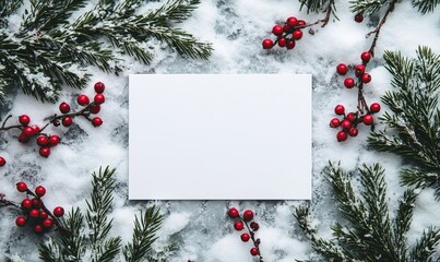 Winter mockup of a blank invitation card set against a snowy background, with pine branches and berries adding a festive touch, ideal for holiday event designs