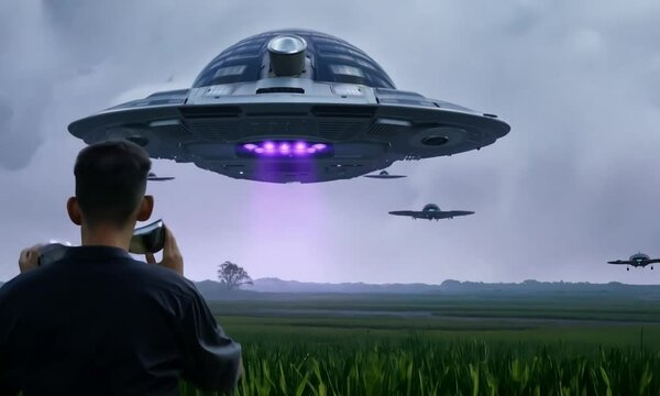 ufo flying over the field, UFO Hovering Over City Street with People Looking Up
