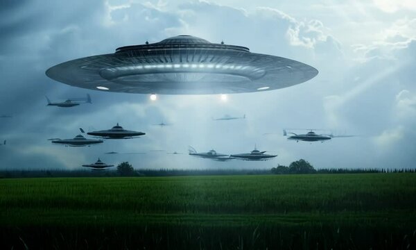 ufo flying over the field, UFO Hovering Over City Street with People Looking Up
