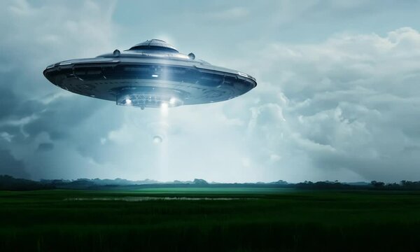 ufo flying over the field, UFO Hovering Over City Street with People Looking Up
