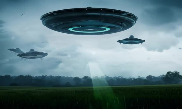 ufo flying over the field, UFO Hovering Over City Street with People Looking Up
