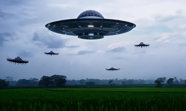 ufo flying over the field, UFO Hovering Over City Street with People Looking Up
