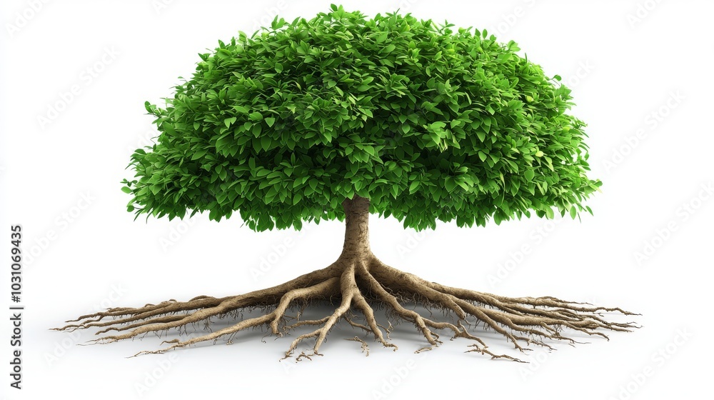 Poster isolated white or transparent background with green tree with roots.