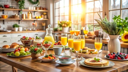 Enjoying a delightful New Year&rsquo;s Day brunch with mimosas and an array of gourmet dishes in a sunny kitchen