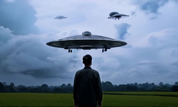 ufo flying over the field, UFO Hovering Over City Street with People Looking Up
