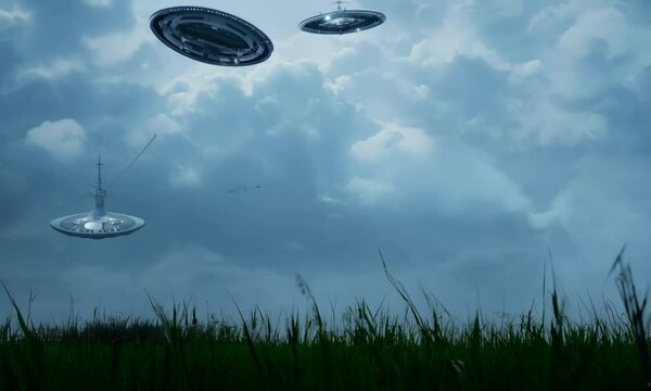 ufo flying over the field, UFO Hovering Over City Street with People Looking Up
