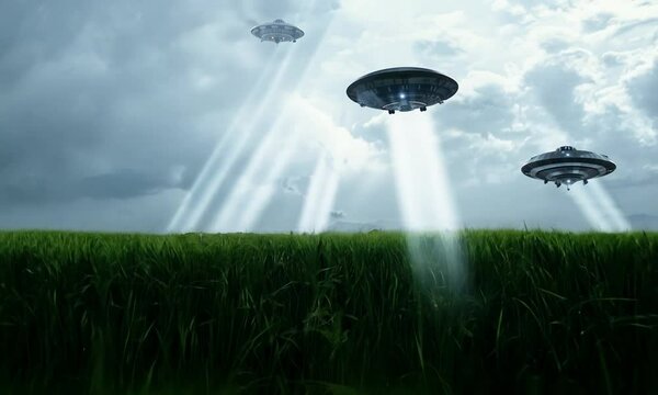 ufo flying over the field, UFO Hovering Over City Street with People Looking Up
