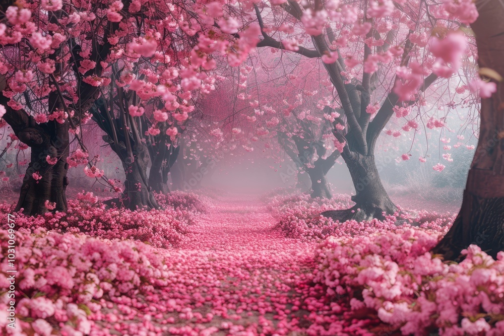 Poster a serene path through a blooming cherry blossom forest during early spring in a tranquil landscape i