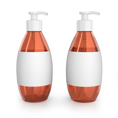 Amber pump bottle mockup with blank label. One bottle is empty and the other is full of liquid. 3d illustration set on white background