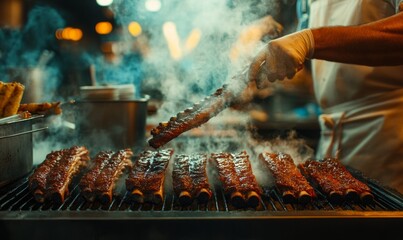 A barbecue master prepares ribs at a traditional barbecue joint, showcasing expertise and passion in a bustling kitchen environment