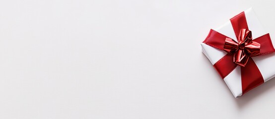 Red satin ribbon over white background. Christmas gift, Valentine's Day, birthday wrapping element.