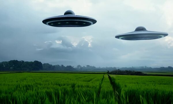 ufo flying over the field, UFO Hovering Over City Street with People Looking Up
