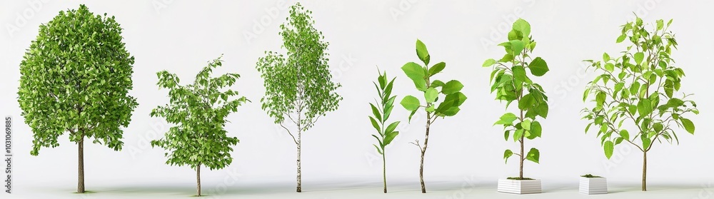 Poster a set of six sycamore platanus maple street trees isolated on a transparent background with perfect 