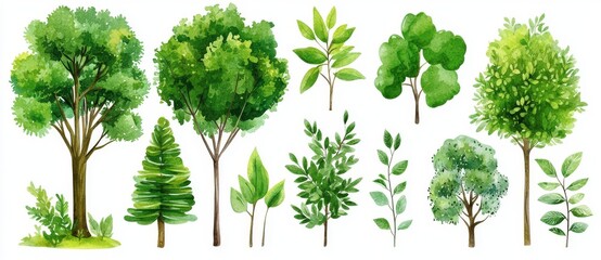 Fototapeta premium Isolated on white background, watercolor illustration of tropical green trees, shrubs, and bushes.