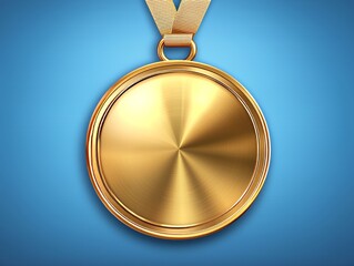 Fototapeta premium A gold medal is displayed on a blue ribbon against a white blue background, representing victory.
