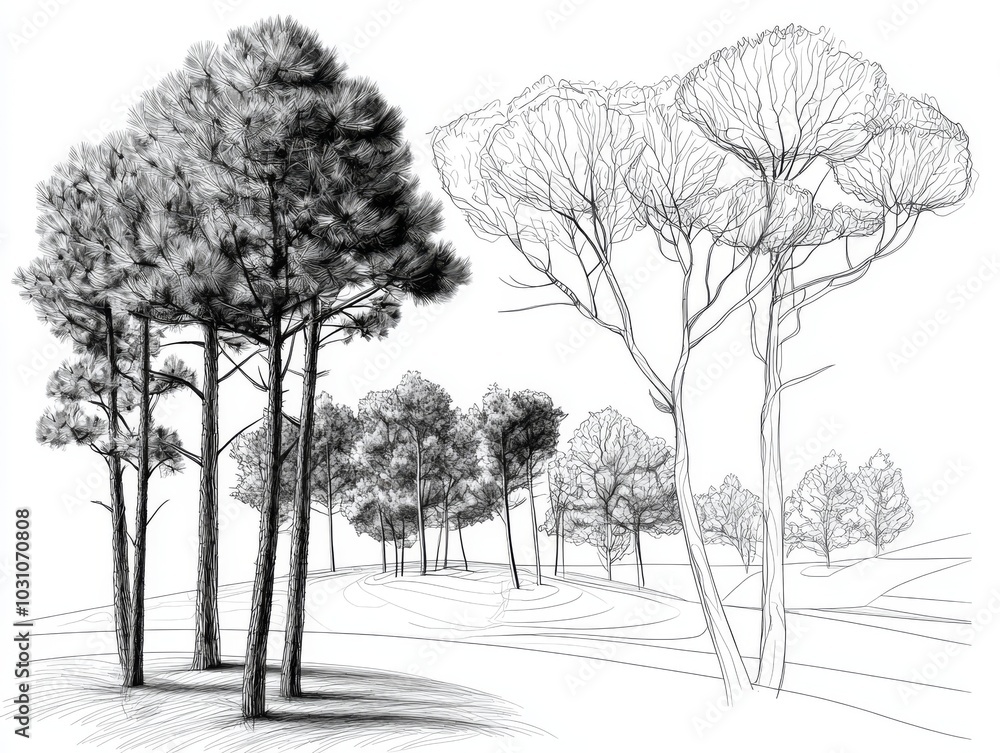 Poster the set of conifers and deciduous trees are suitable for architecture and landscape design, line dra