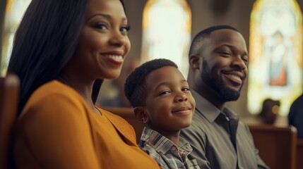 An African American family radiating joy on a sunny day as they sit together in a beautiful church embracing faith and love