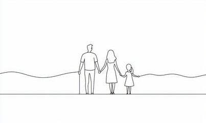 Drawing of a family with three children. Mother and father in one line. Modern illustration.