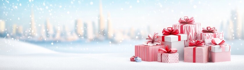 Obraz premium Festive Stack of Colorful Christmas Presents Wrapped Up